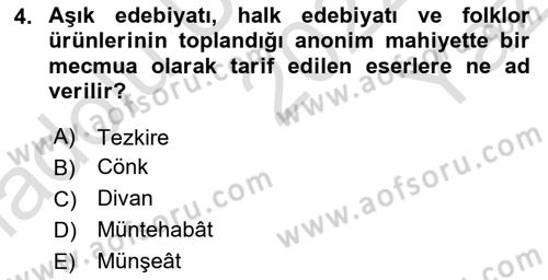 Türk İslam Edebiyatı Dersi 2022 - 2023 Yılı Yaz Okulu Sınav Soruları 4. Soru