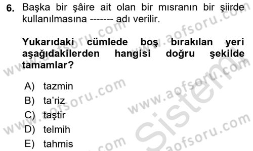 Türk İslam Edebiyatı Dersi 2022 - 2023 Yılı Yaz Okulu Sınav Soruları 6. Soru