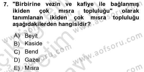 Türk İslam Edebiyatı Dersi 2022 - 2023 Yılı Yaz Okulu Sınav Soruları 7. Soru