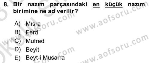 Türk İslam Edebiyatı Dersi 2022 - 2023 Yılı Yaz Okulu Sınav Soruları 8. Soru