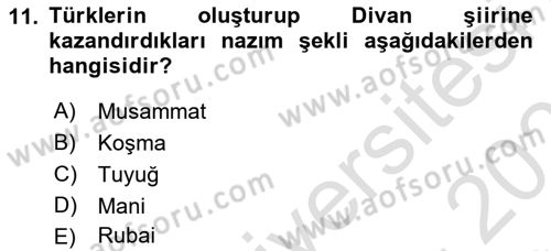 Türk İslam Edebiyatı Dersi 2023 - 2024 Yılı (Vize) Ara Sınav Soruları 11. Soru