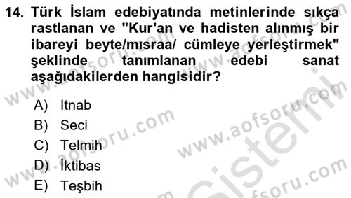 Türk İslam Edebiyatı Dersi 2023 - 2024 Yılı (Vize) Ara Sınav Soruları 14. Soru