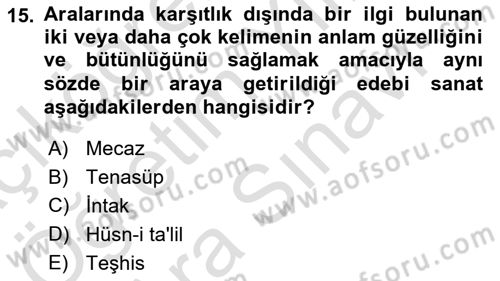 Türk İslam Edebiyatı Dersi 2023 - 2024 Yılı (Vize) Ara Sınav Soruları 15. Soru