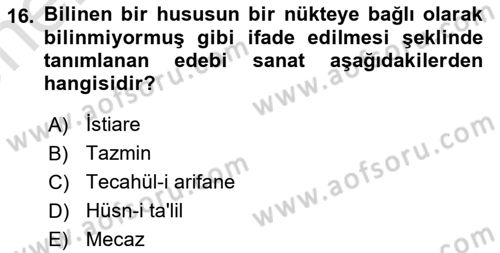 Türk İslam Edebiyatı Dersi 2023 - 2024 Yılı (Vize) Ara Sınav Soruları 16. Soru
