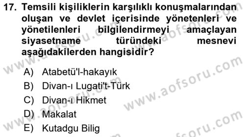 Türk İslam Edebiyatı Dersi 2023 - 2024 Yılı (Vize) Ara Sınav Soruları 17. Soru