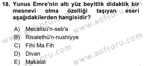 Türk İslam Edebiyatı Dersi 2023 - 2024 Yılı (Vize) Ara Sınav Soruları 18. Soru
