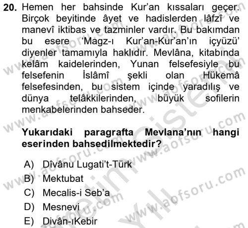 Türk İslam Edebiyatı Dersi 2023 - 2024 Yılı (Vize) Ara Sınav Soruları 20. Soru