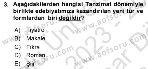 Türk İslam Edebiyatı Dersi 2023 - 2024 Yılı (Vize) Ara Sınav Soruları 3. Soru