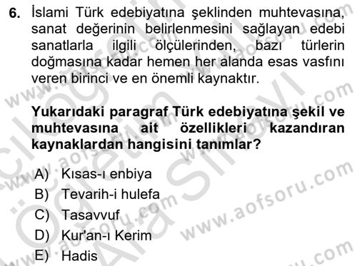 Türk İslam Edebiyatı Dersi 2023 - 2024 Yılı (Vize) Ara Sınav Soruları 6. Soru