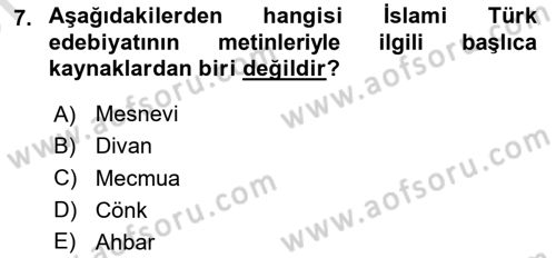 Türk İslam Edebiyatı Dersi 2023 - 2024 Yılı (Vize) Ara Sınav Soruları 7. Soru