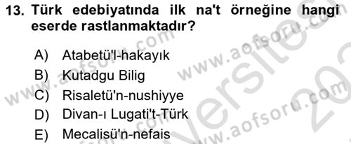 Türk İslam Edebiyatı Dersi 2023 - 2024 Yılı (Final) Dönem Sonu Sınav Soruları 13. Soru