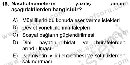 Türk İslam Edebiyatı Dersi 2023 - 2024 Yılı (Final) Dönem Sonu Sınav Soruları 16. Soru
