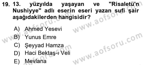 Türk İslam Edebiyatı Dersi 2023 - 2024 Yılı (Final) Dönem Sonu Sınav Soruları 19. Soru