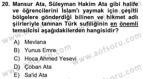 Türk İslam Edebiyatı Dersi 2023 - 2024 Yılı (Final) Dönem Sonu Sınav Soruları 20. Soru