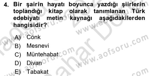 Türk İslam Edebiyatı Dersi 2023 - 2024 Yılı (Final) Dönem Sonu Sınav Soruları 4. Soru