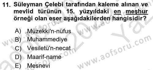 Türk İslam Edebiyatı Dersi 2023 - 2024 Yılı Yaz Okulu Sınav Soruları 11. Soru