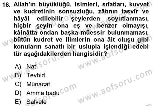 Türk İslam Edebiyatı Dersi 2023 - 2024 Yılı Yaz Okulu Sınav Soruları 16. Soru