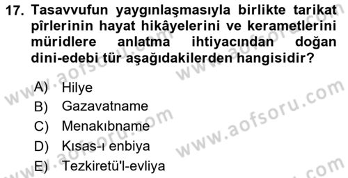 Türk İslam Edebiyatı Dersi 2023 - 2024 Yılı Yaz Okulu Sınav Soruları 17. Soru