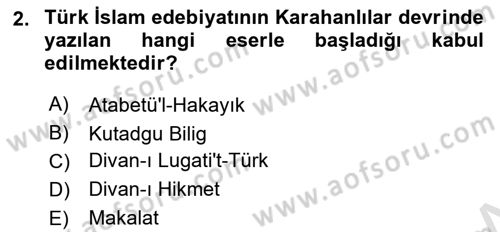 Türk İslam Edebiyatı Dersi 2023 - 2024 Yılı Yaz Okulu Sınav Soruları 2. Soru