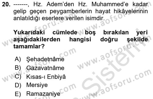 Türk İslam Edebiyatı Dersi 2023 - 2024 Yılı Yaz Okulu Sınav Soruları 20. Soru