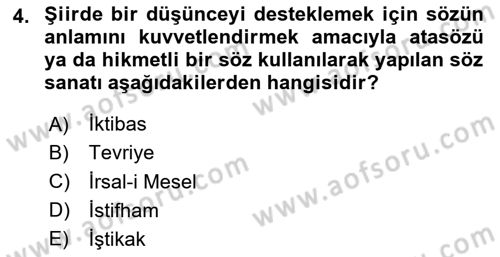 Türk İslam Edebiyatı Dersi 2023 - 2024 Yılı Yaz Okulu Sınav Soruları 4. Soru