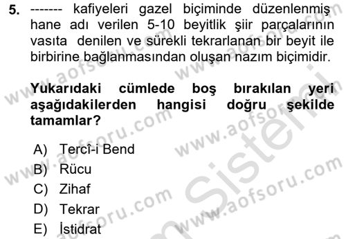 Türk İslam Edebiyatı Dersi 2023 - 2024 Yılı Yaz Okulu Sınav Soruları 5. Soru