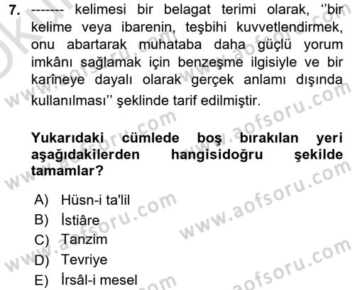 Türk İslam Edebiyatı Dersi 2023 - 2024 Yılı Yaz Okulu Sınav Soruları 7. Soru