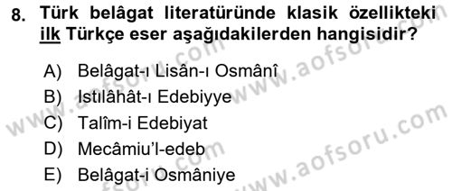 Türk İslam Edebiyatı Dersi 2023 - 2024 Yılı Yaz Okulu Sınav Soruları 8. Soru