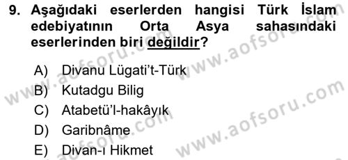 Türk İslam Edebiyatı Dersi 2023 - 2024 Yılı Yaz Okulu Sınav Soruları 9. Soru