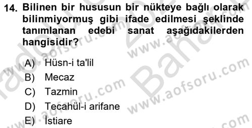 Türk İslam Edebiyatı Dersi 2024 - 2025 Yılı (Vize) Ara Sınav Soruları 14. Soru