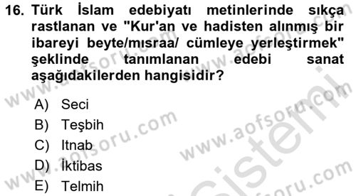 Türk İslam Edebiyatı Dersi 2024 - 2025 Yılı (Vize) Ara Sınav Soruları 16. Soru