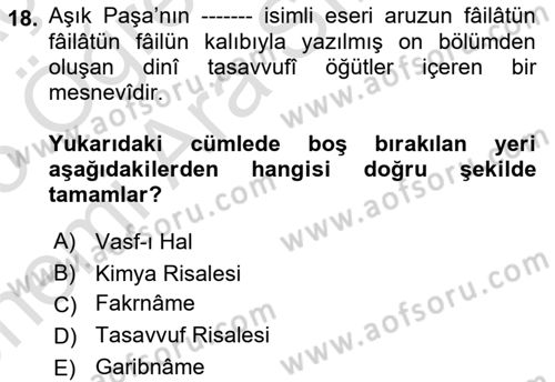 Türk İslam Edebiyatı Dersi 2024 - 2025 Yılı (Vize) Ara Sınav Soruları 18. Soru