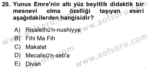 Türk İslam Edebiyatı Dersi 2024 - 2025 Yılı (Vize) Ara Sınav Soruları 20. Soru