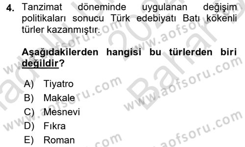 Türk İslam Edebiyatı Dersi 2024 - 2025 Yılı (Vize) Ara Sınav Soruları 4. Soru