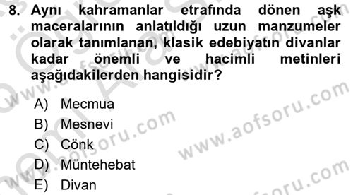 Türk İslam Edebiyatı Dersi 2024 - 2025 Yılı (Vize) Ara Sınav Soruları 8. Soru