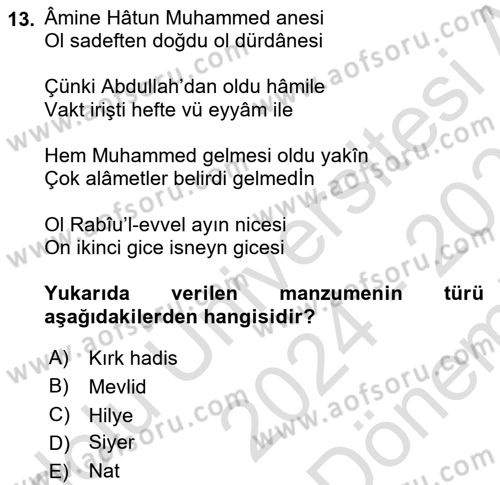 Türk İslam Edebiyatı Dersi 2024 - 2025 Yılı (Final) Dönem Sonu Sınav Soruları 13. Soru