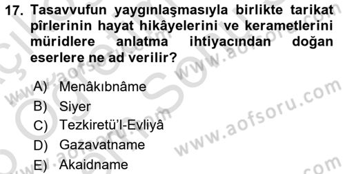 Türk İslam Edebiyatı Dersi 2024 - 2025 Yılı (Final) Dönem Sonu Sınavı 17. Soru