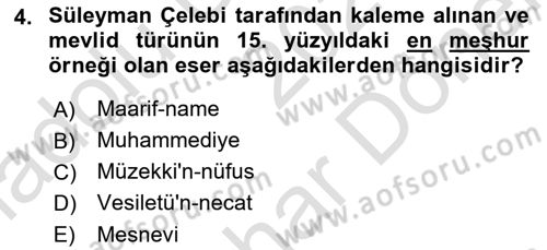 Türk İslam Edebiyatı Dersi 2024 - 2025 Yılı (Final) Dönem Sonu Sınav Soruları 4. Soru