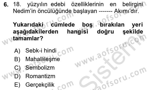 Türk İslam Edebiyatı Dersi 2024 - 2025 Yılı (Final) Dönem Sonu Sınav Soruları 6. Soru