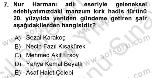 Türk İslam Edebiyatı Dersi 2024 - 2025 Yılı (Final) Dönem Sonu Sınav Soruları 7. Soru