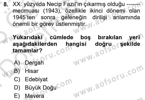 Türk İslam Edebiyatı Dersi 2024 - 2025 Yılı (Final) Dönem Sonu Sınav Soruları 8. Soru