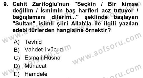 Türk İslam Edebiyatı Dersi 2024 - 2025 Yılı (Final) Dönem Sonu Sınav Soruları 9. Soru