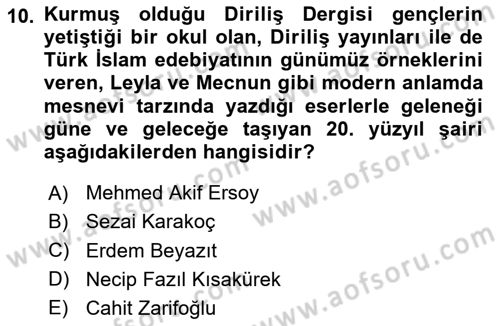 Türk İslam Edebiyatı Dersi 2024 - 2025 Yılı Yaz Okulu Sınav Soruları 10. Soru