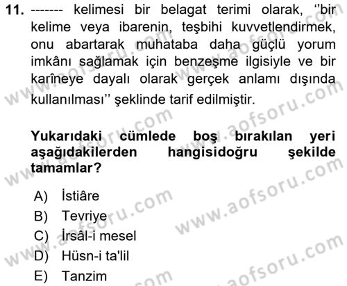 Türk İslam Edebiyatı Dersi 2024 - 2025 Yılı Yaz Okulu Sınav Soruları 11. Soru