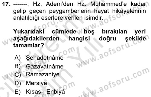 Türk İslam Edebiyatı Dersi 2024 - 2025 Yılı Yaz Okulu Sınav Soruları 17. Soru