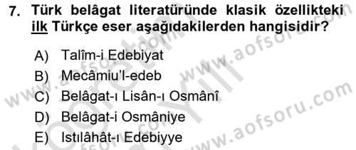 Türk İslam Edebiyatı Dersi 2024 - 2025 Yılı Yaz Okulu Sınav Soruları 7. Soru