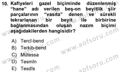 Türk İslam Edebiyatı Dersi 2025 - 2026 Yılı (Vize) Ara Sınav Soruları 10. Soru