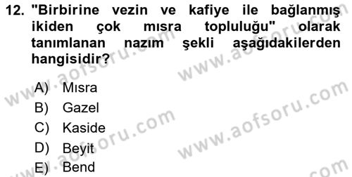 Türk İslam Edebiyatı Dersi 2025 - 2026 Yılı (Vize) Ara Sınav Soruları 12. Soru