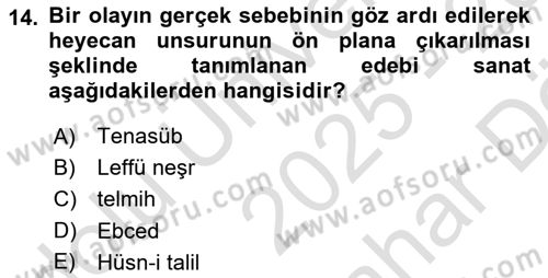 Türk İslam Edebiyatı Dersi 2025 - 2026 Yılı (Vize) Ara Sınav Soruları 14. Soru