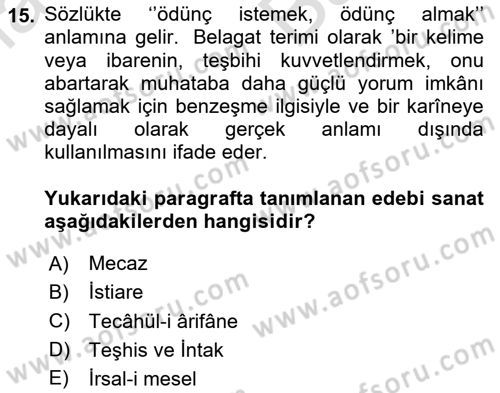 Türk İslam Edebiyatı Dersi 2025 - 2026 Yılı (Vize) Ara Sınav Soruları 15. Soru
